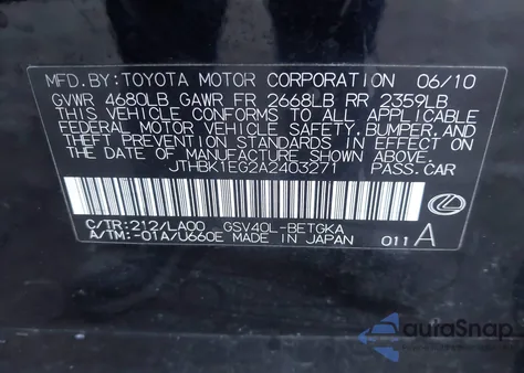 2010 Lexus Es 350 z USA, uszkodzony, nr VIN JTHBK1EG2A2403271